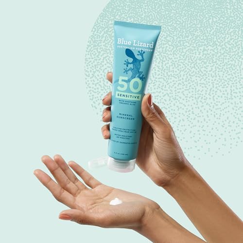 Blue Lizard beach day setup with sunscreen product
