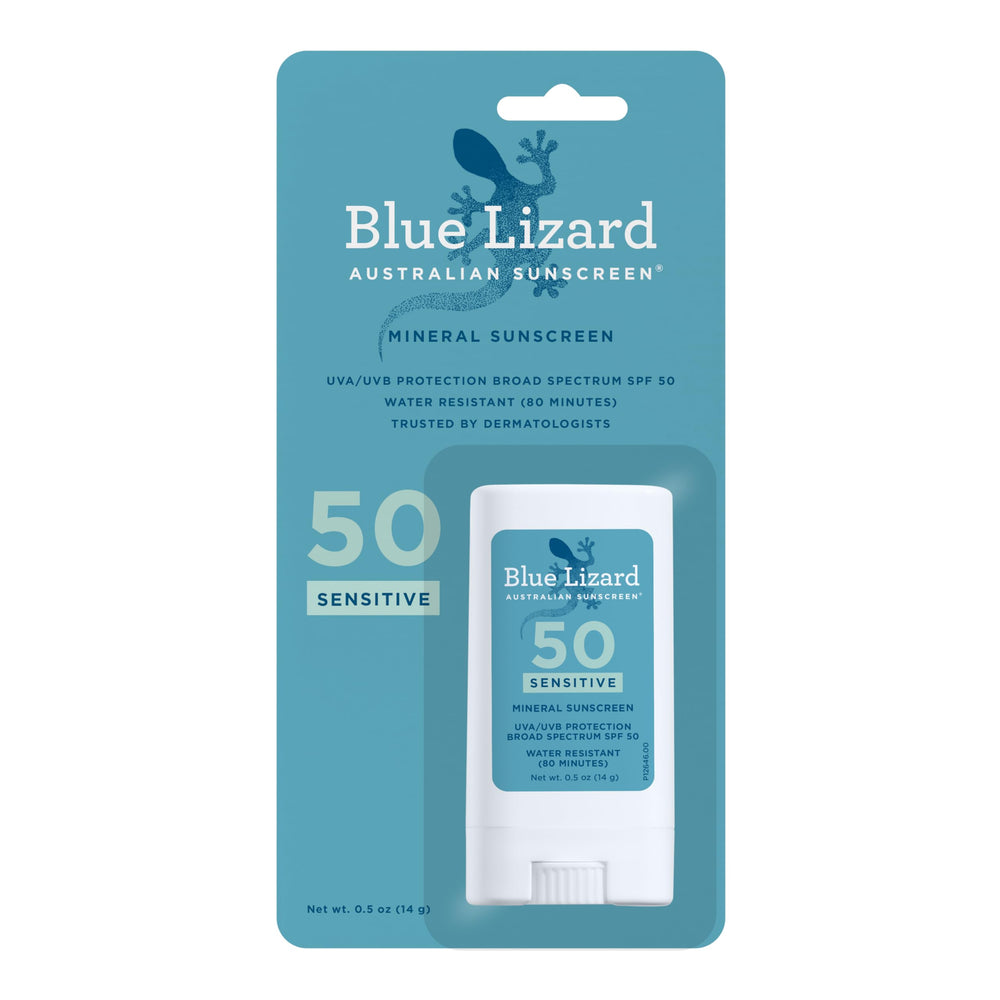 Blue Lizard Sensitive Mineral Sunscreen Stick SPF 50 for on-the-go protection.