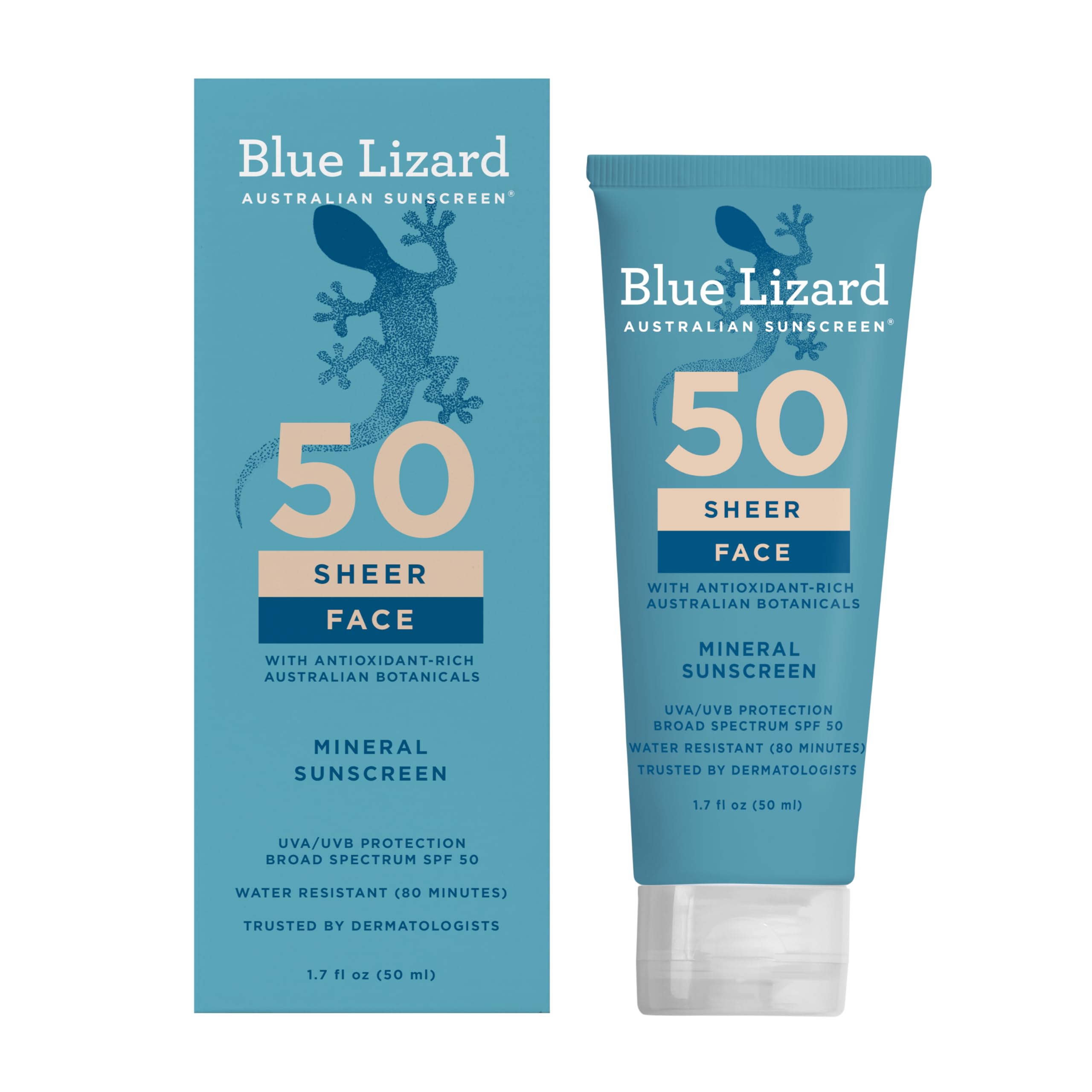 Blue Lizard Sheer Face Mineral SPF 50 bottle with sheer protection for daily use.