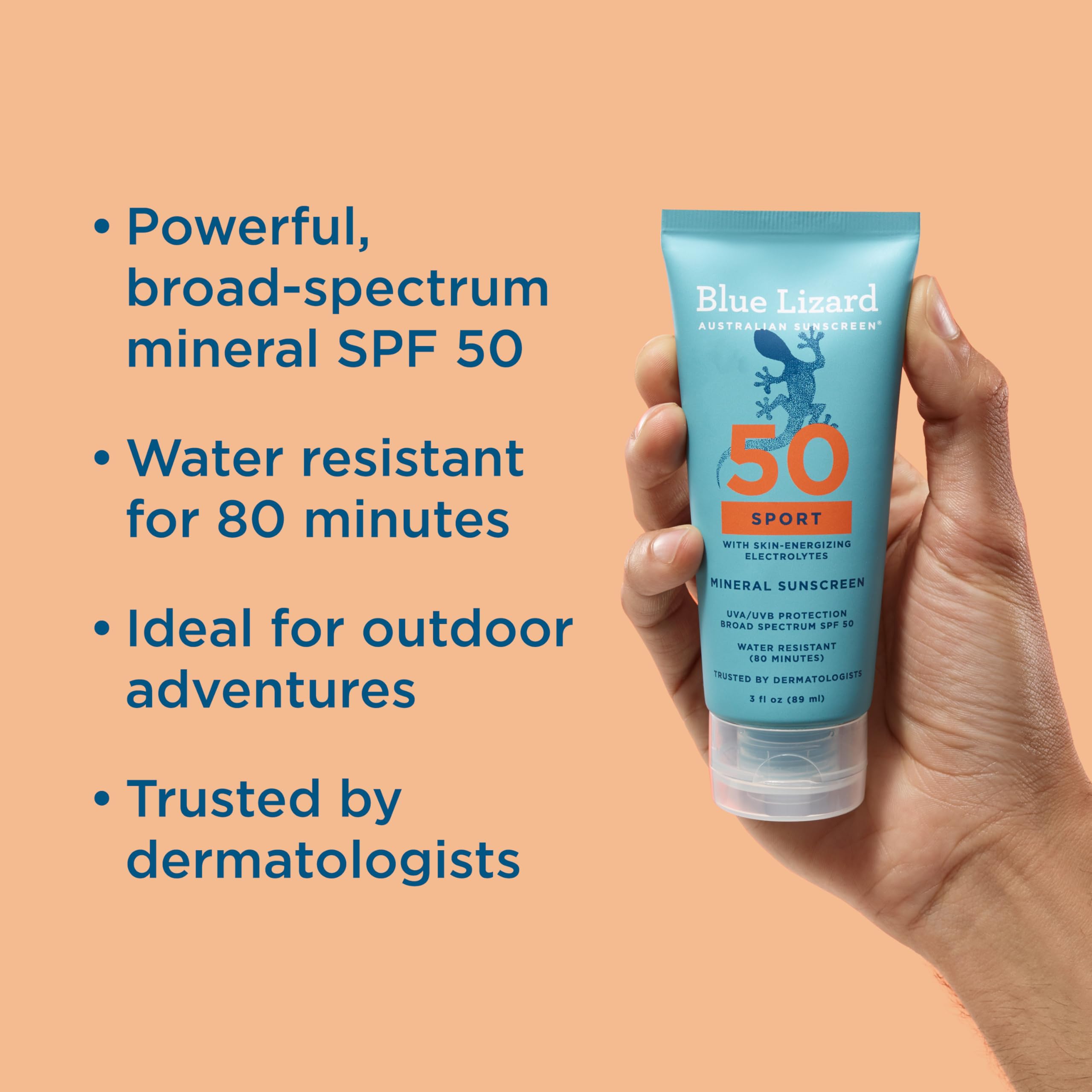 Blue Lizard label on bottle highlights reef-safe, fragrance-free sunscreen for athletes.
