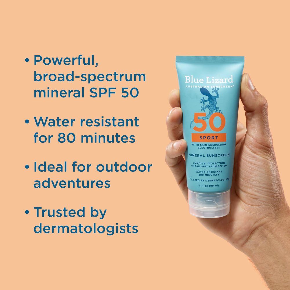 Blue Lizard label on bottle highlights reef-safe, fragrance-free sunscreen for athletes.