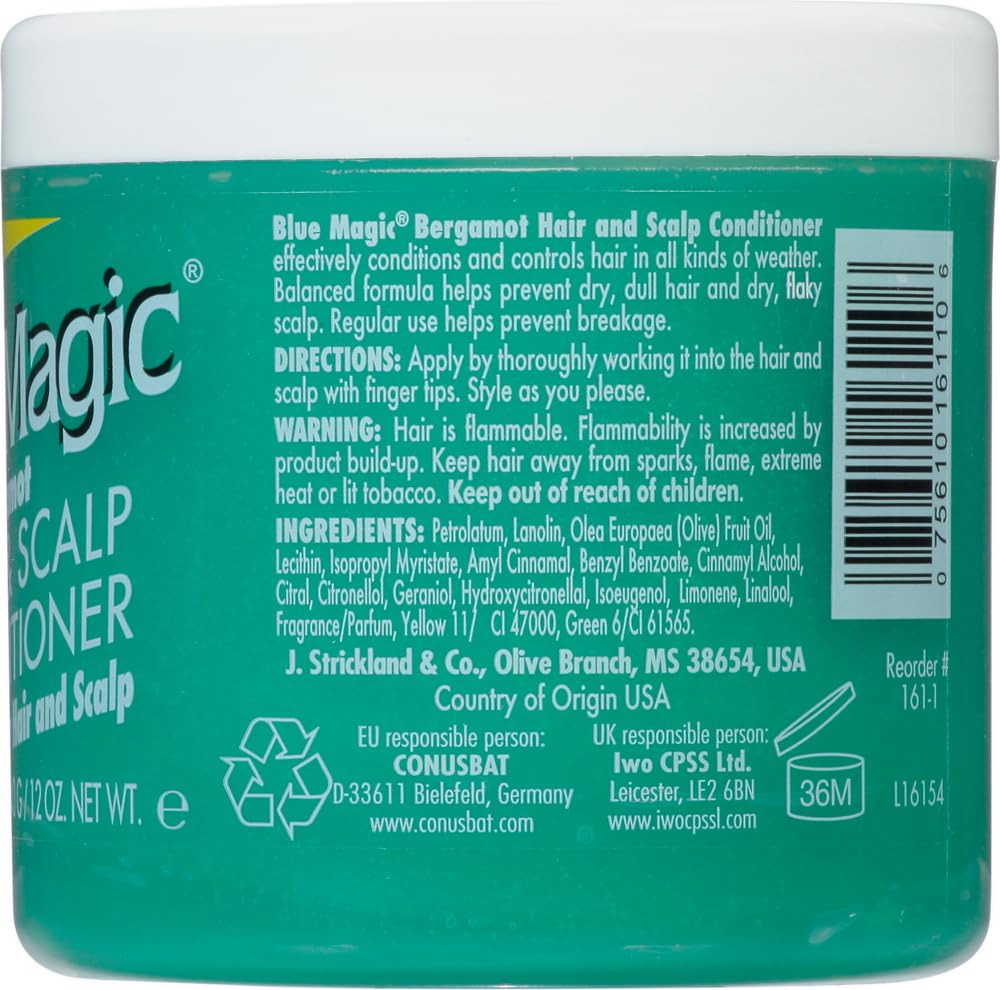 Blue Magic Bergamot conditioner in hands applying for smoother comb-through.