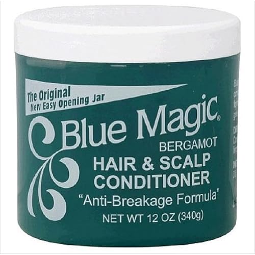 Blue Magic Bergamot conditioner jar back, showing easy-open lid and quick-use tips.