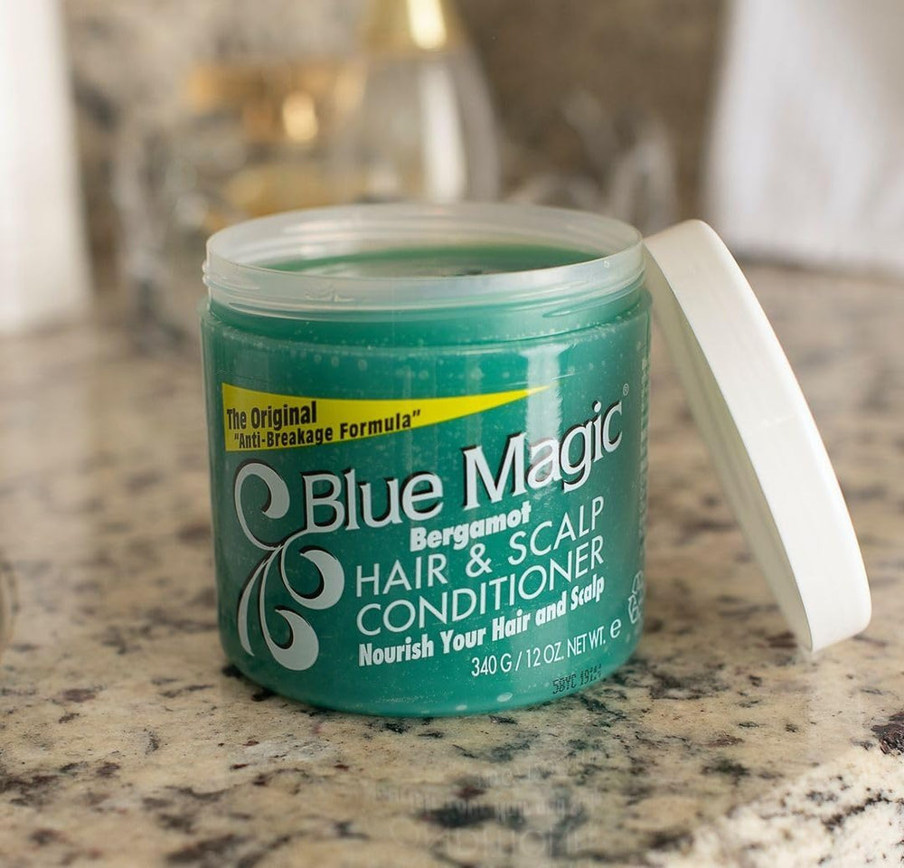 Blue Magic Bergamot conditioner triple-pack packaging for routine care.