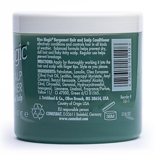 Blue Magic Bergamot hair conditioner texture close-up, creamy formula for even application.