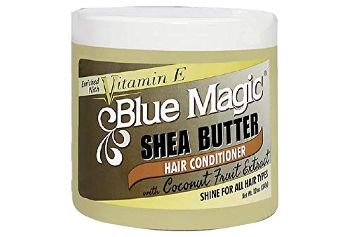 Blue Magic Shea Butter Hair Conditioner jar close-up showing rich moisture.
