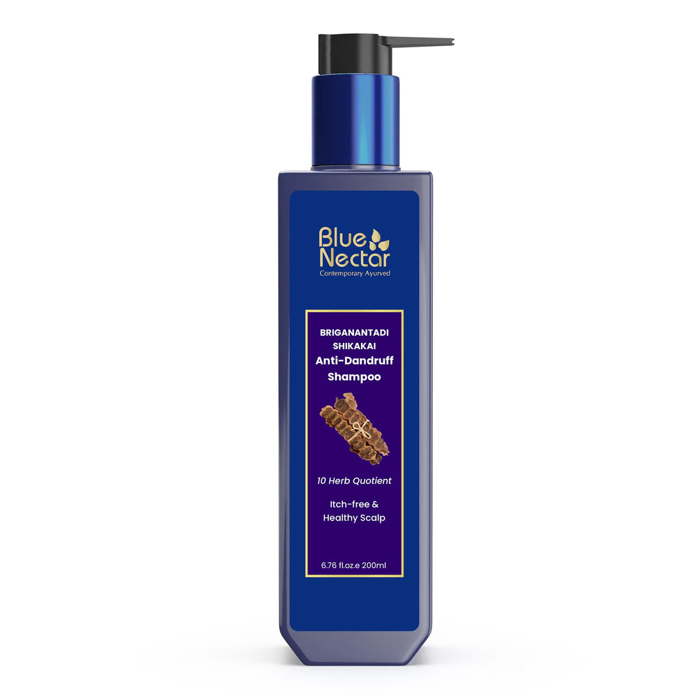 Blue Nectar Anti Dandruff Shampoo bottle, plant-based cleansing for a healthy scalp.