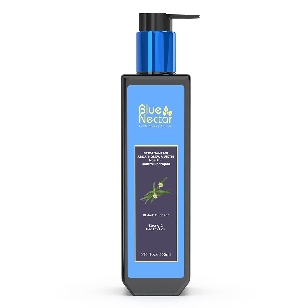 Blue Nectar anti hair fall shampoo bottle pour for easy, daily cleansing.