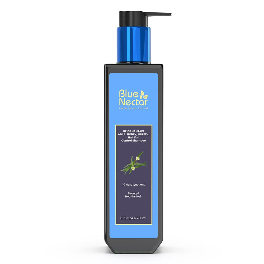 Blue Nectar anti hair fall shampoo bottle pour for easy, daily cleansing.