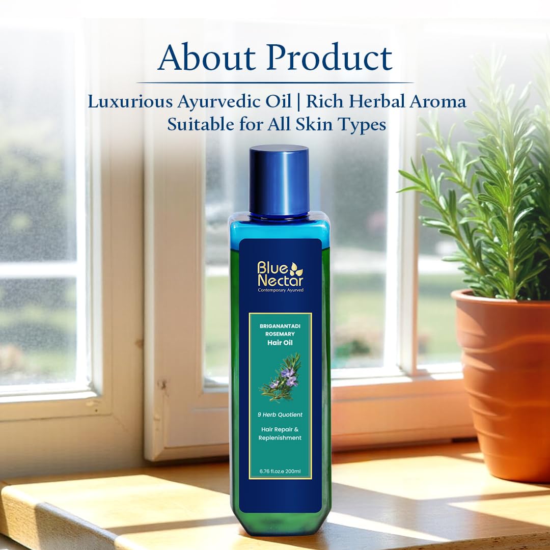Ayurvedic herbs around Blue Nectar jar for nourishing scalp care