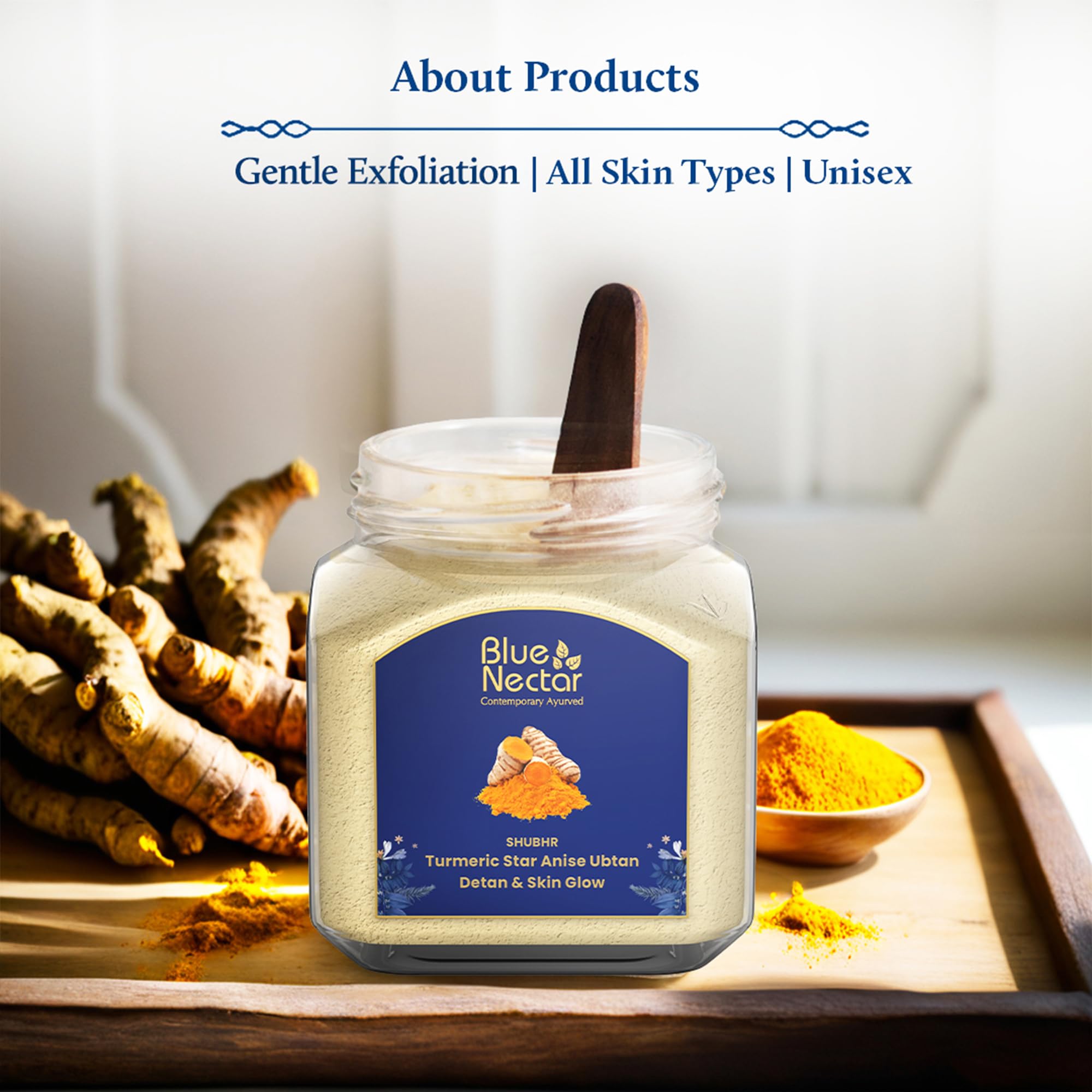 Blue Nectar daily use ubtan powder nourishes skin for a soft finish.