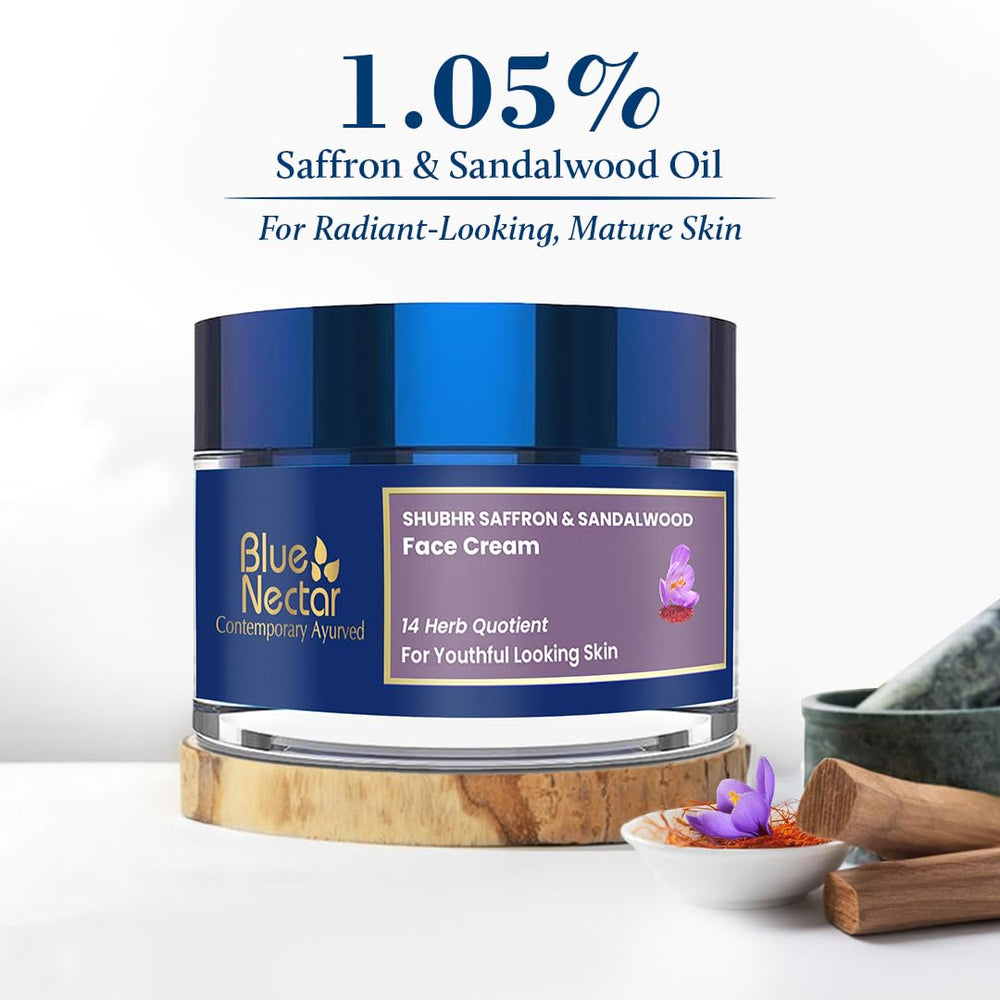 Blue Nectar face cream jar closeup highlights saffron-infused formula for mature skin.