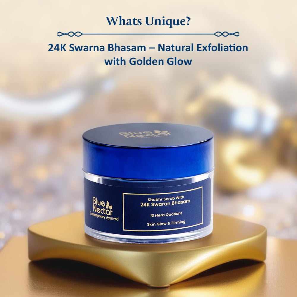 Blue Nectar Gold Face Scrub with aloe vera hydrates while soothing.