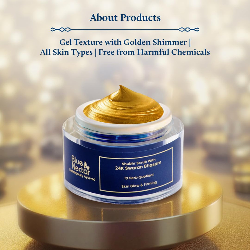 Blue Nectar Gold Face Scrub with honey hydrates while exfoliating for dry skin.