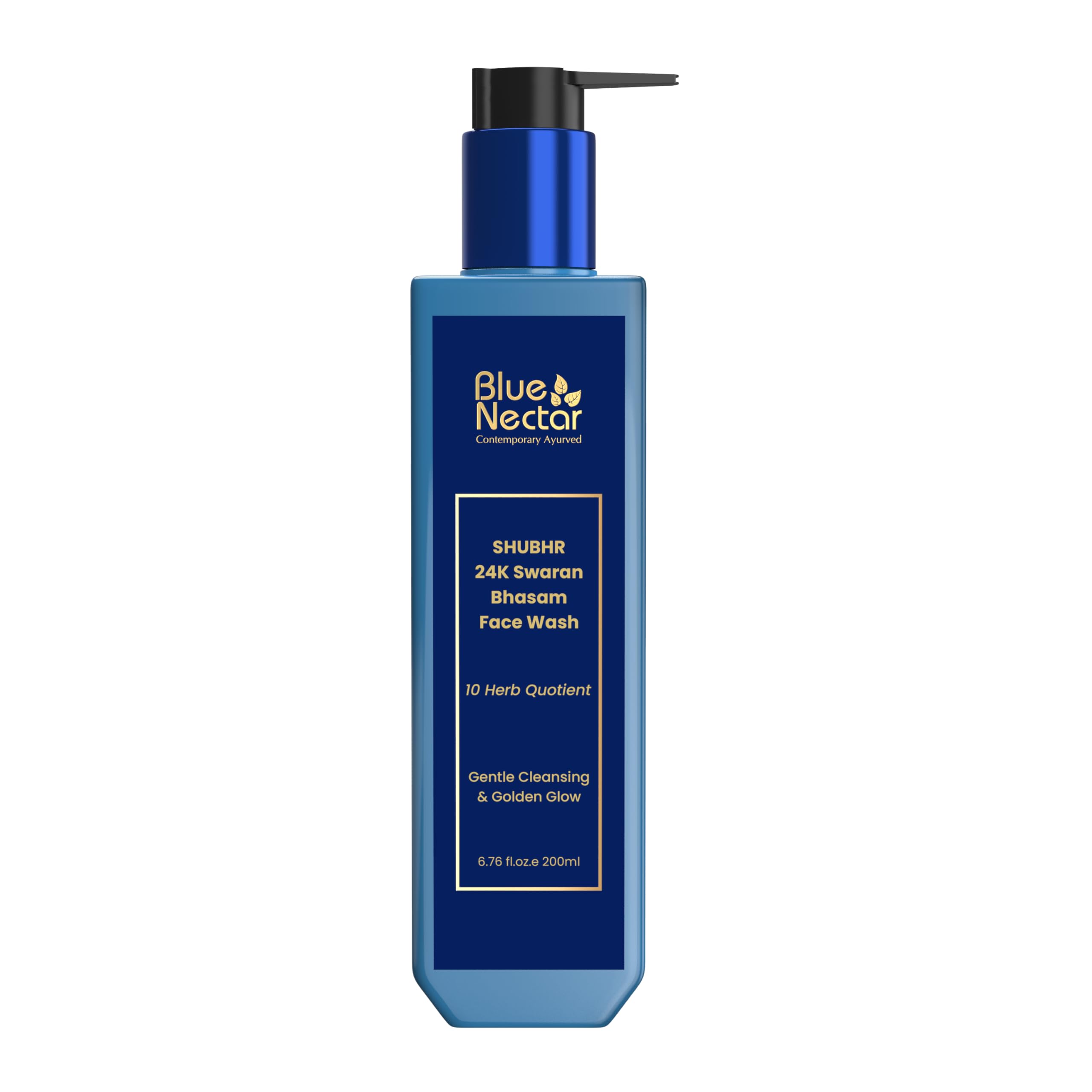 Blue Nectar Gold Swaran Bhasam Face Wash bottle gleams with 24K gold for glow