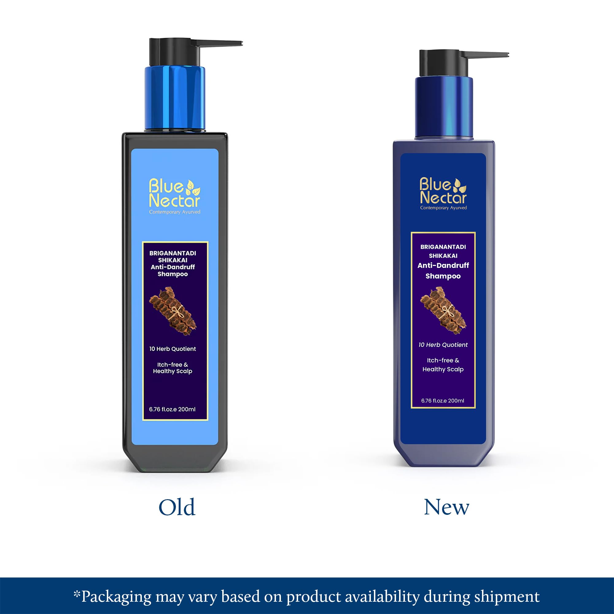 Blue Nectar herbs label featuring bhringraj and shikakai for scalp care.