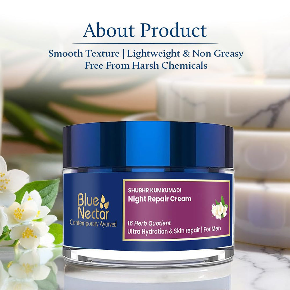 Application of Blue Nectar Kumkumadi Night Cream on clean skin for overnight hydration