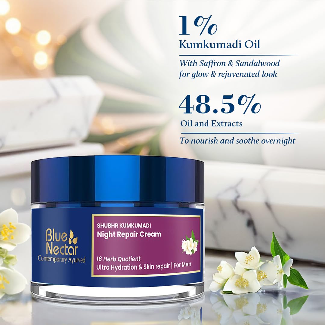 Blue Nectar Kumkumadi Night Cream bottle label highlights natural ingredients