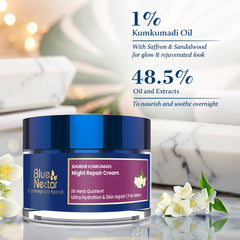 Blue Nectar Kumkumadi Night Cream bottle label highlights natural ingredients