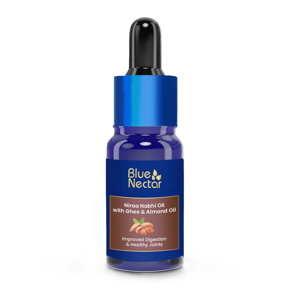 Blue Nectar Nabhi Oil bottle pour showing smooth texture and natural ingredients for daily digestive support.