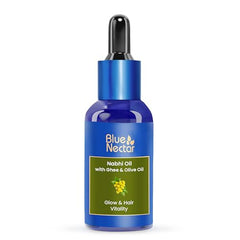 Blue Nectar Nabhi oil bottle ready for daily belly oil ritual promoting skin hydration.