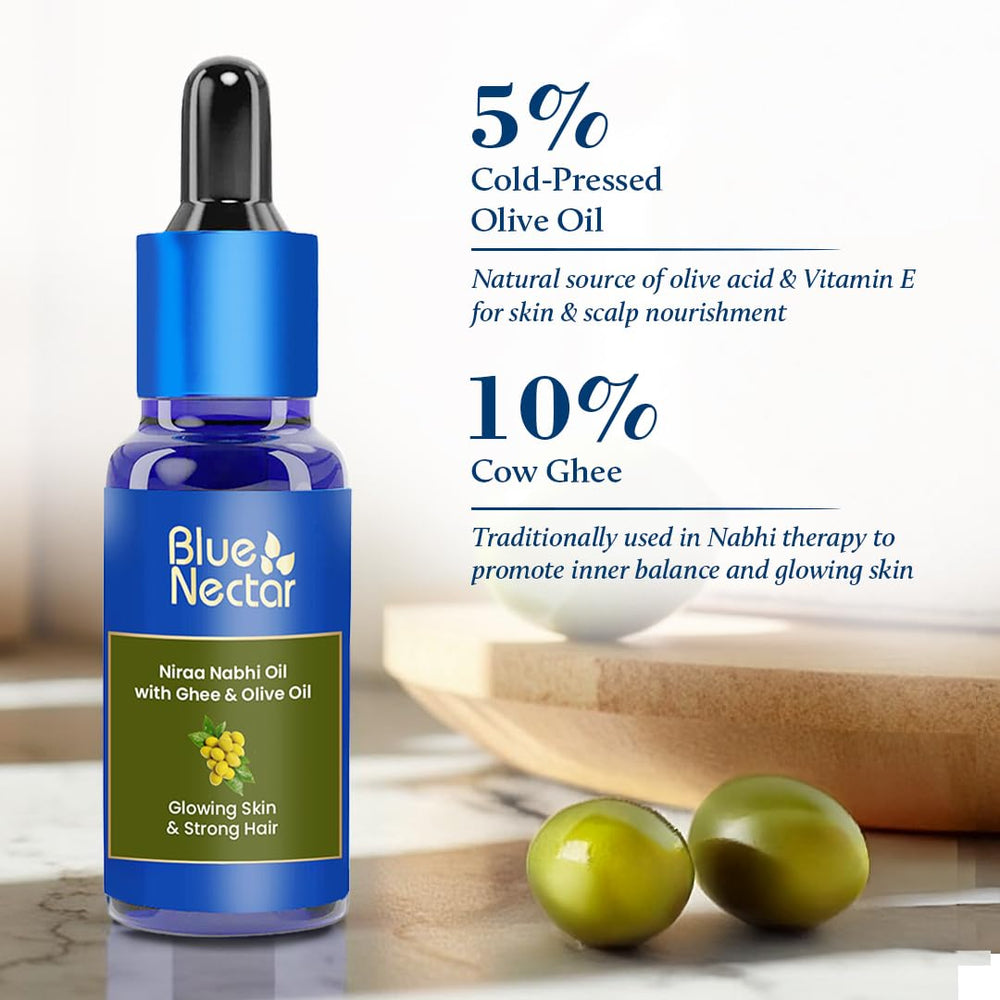 Blue Nectar Nabhi oil with ghee texture delivers deep moisturization for skin glow.