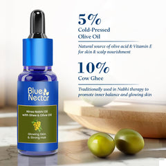 Blue Nectar Nabhi oil with ghee texture delivers deep moisturization for skin glow.