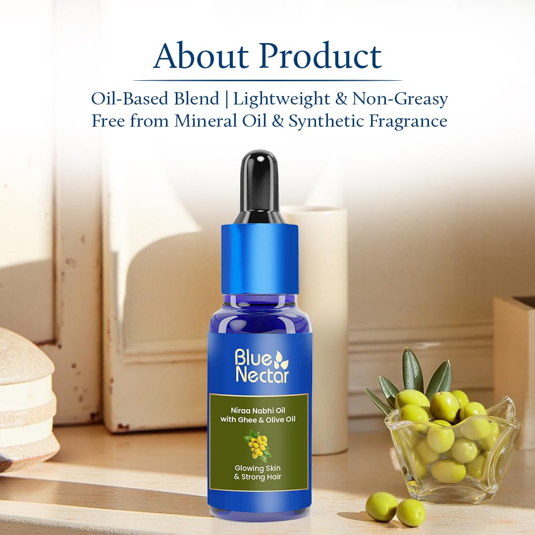 Blue Nectar Nabhi oil with Ayurvedic herbs reflects traditional hydration care.