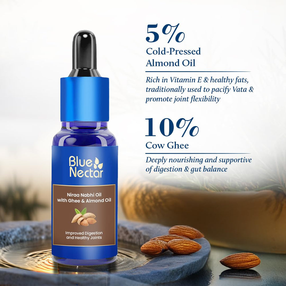 Blue Nectar Nabhi Oil blends 21 herbs with ghee and almond oil for holistic care.