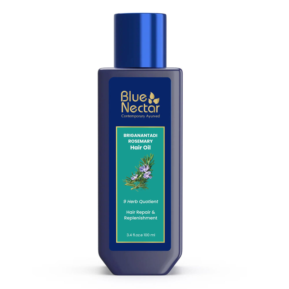 Blue Nectar rosemary-bhringraj oil bottle shows non-sticky scalp hydration