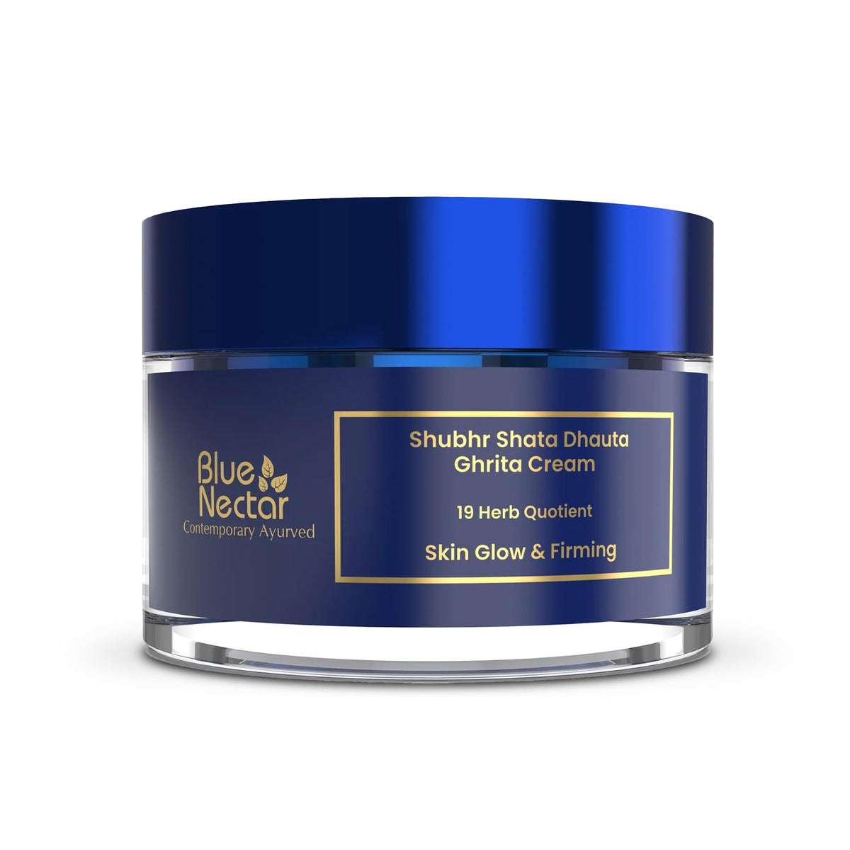 Blue Nectar Shata Dhauta Ghrita packaging highlights a ghee-based moisturizer for daily hydration.