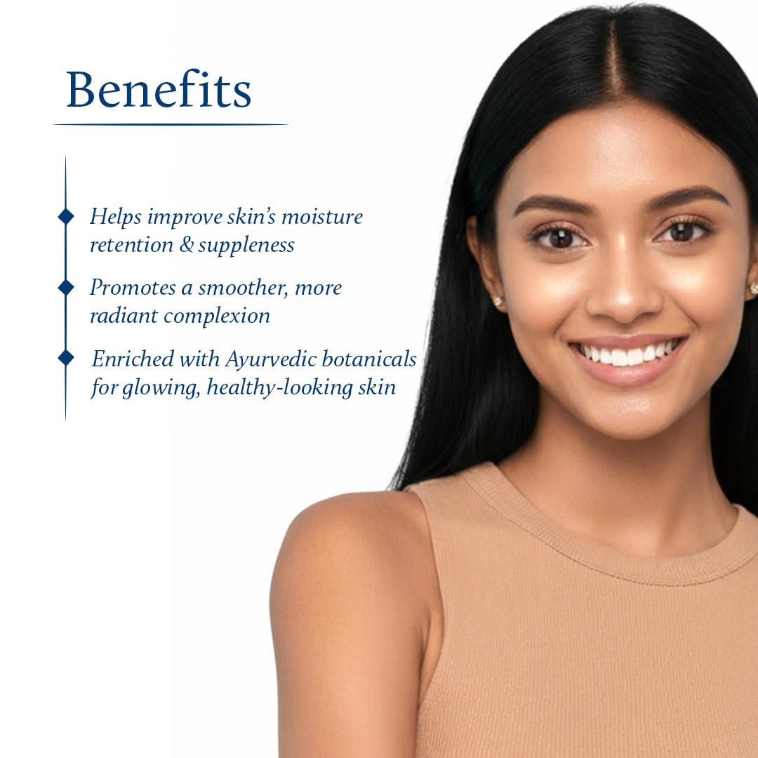 Blue Nectar Shata Dhauta Ghrita glow application demonstrates natural radiance on skin.