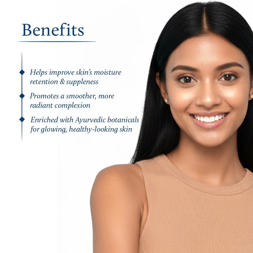 Blue Nectar Shata Dhauta Ghrita glow application demonstrates natural radiance on skin.
