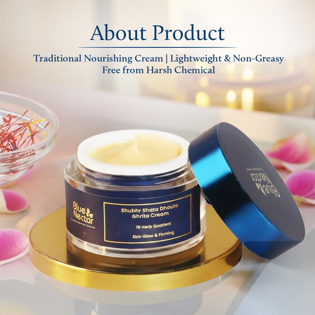 Blue Nectar Shata Dhauta Ghrita 19 herbs blend emphasizes nourishing care for the complexion.