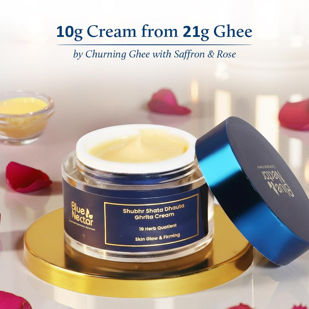Blue Nectar Shata Dhauta Ghrita texture close-up reveals rich, creamy hydration for the skin.