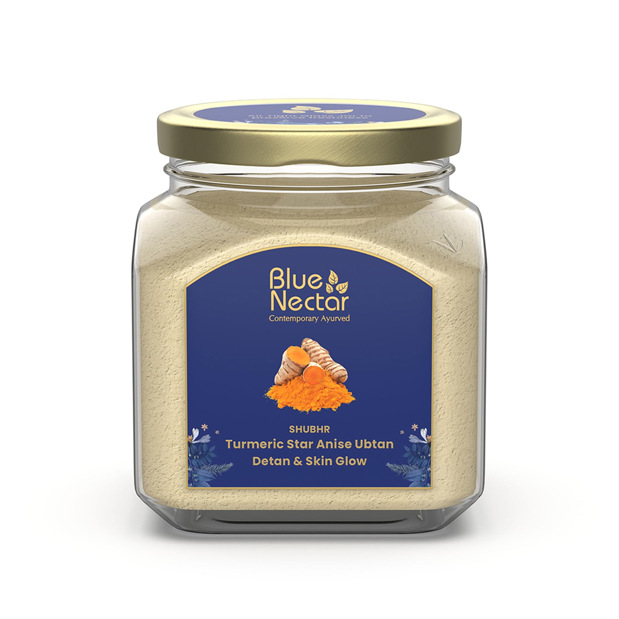 Blue Nectar turmeric ubtan powder pack enhances gentle exfoliation for radiant skin.