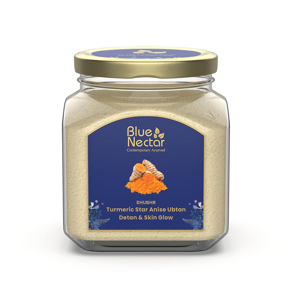 Blue Nectar turmeric ubtan powder pack enhances gentle exfoliation for radiant skin.
