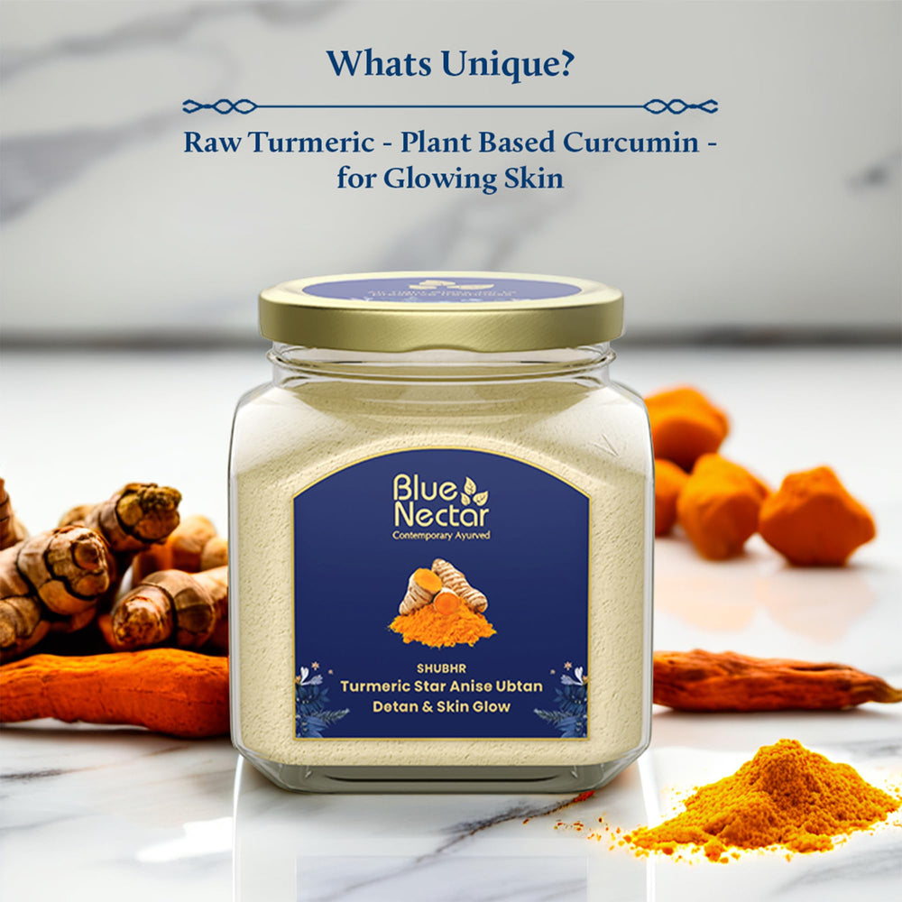 Blue Nectar ubtan face mask with wild turmeric boosts brightness and tone.