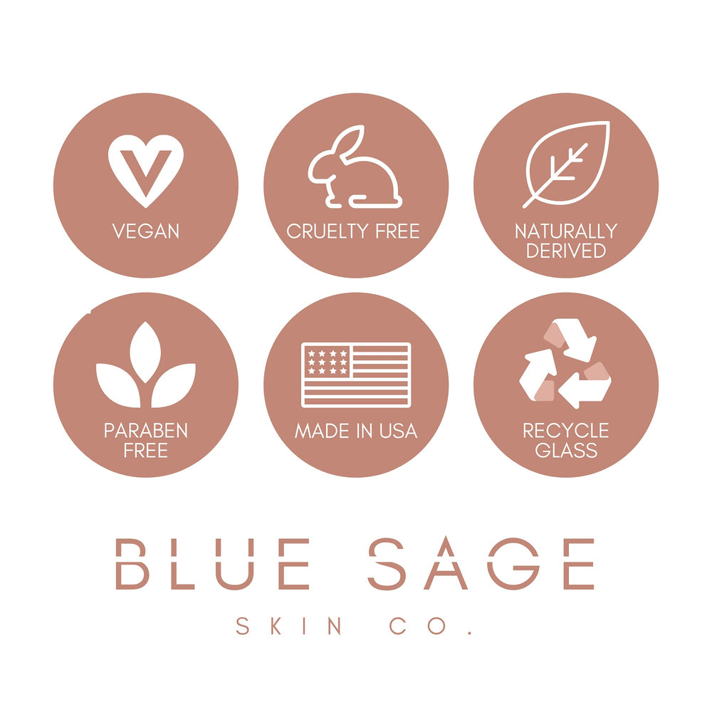 Blue Sage Packaging Box Close-up highlighting cruelty-free USA-made skincare