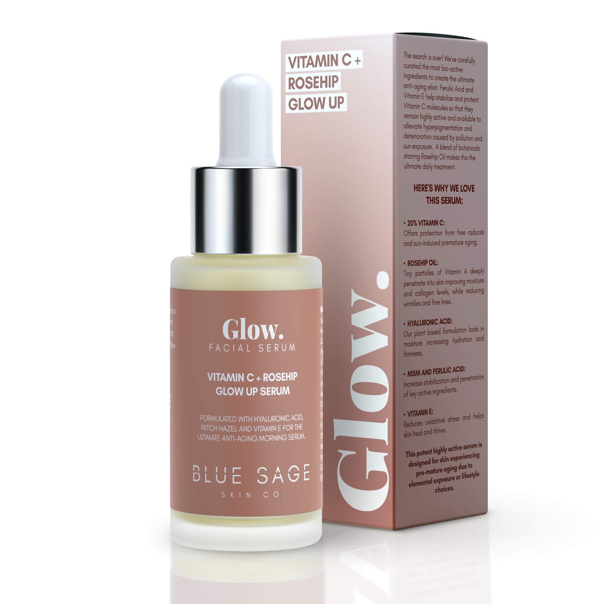 Blue Sage Vitamin C Rosehip Glow bottle for brighter skin tone and daily use