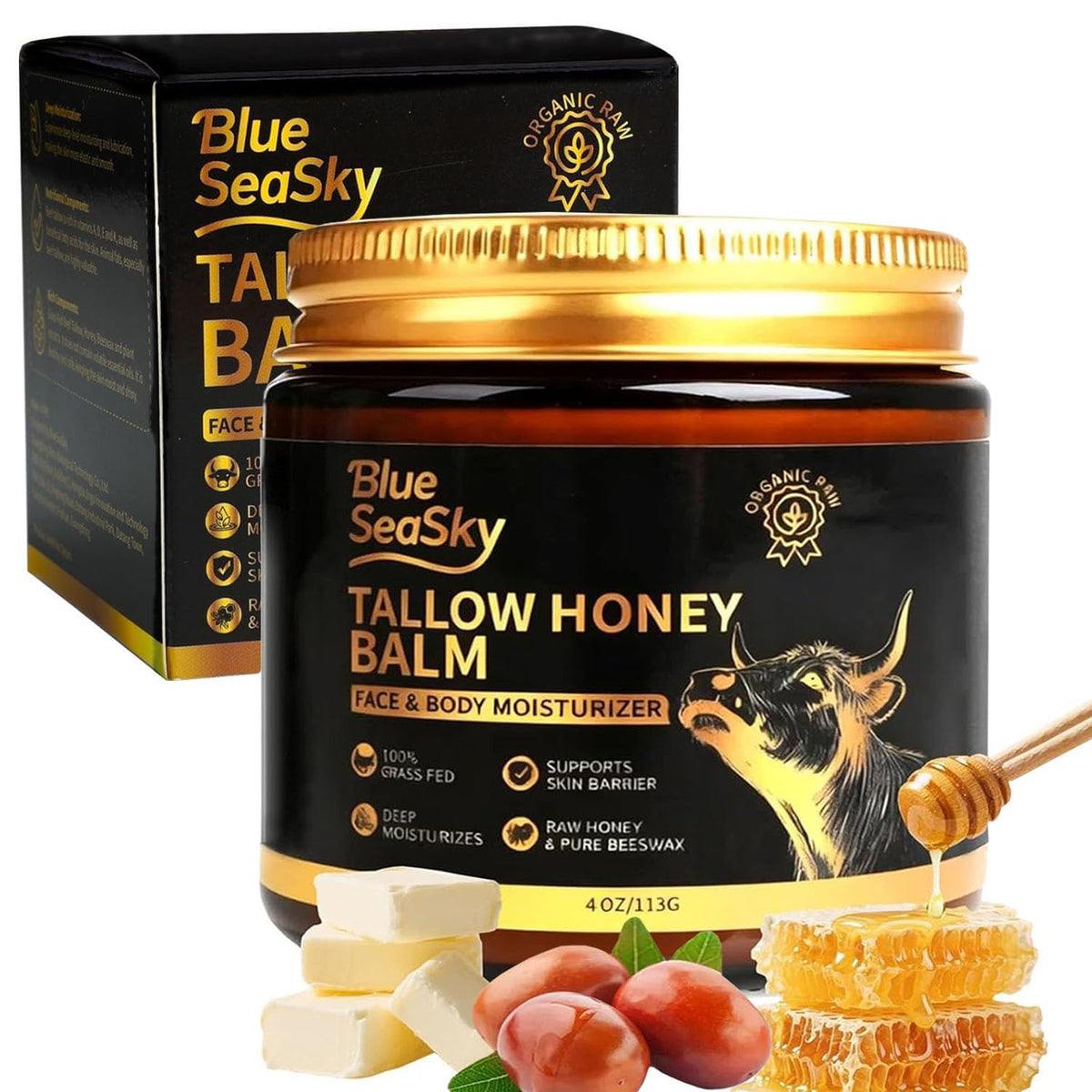 Blue Sea Sky beef tallow face moisturizer soothes dry skin and locks in moisture.