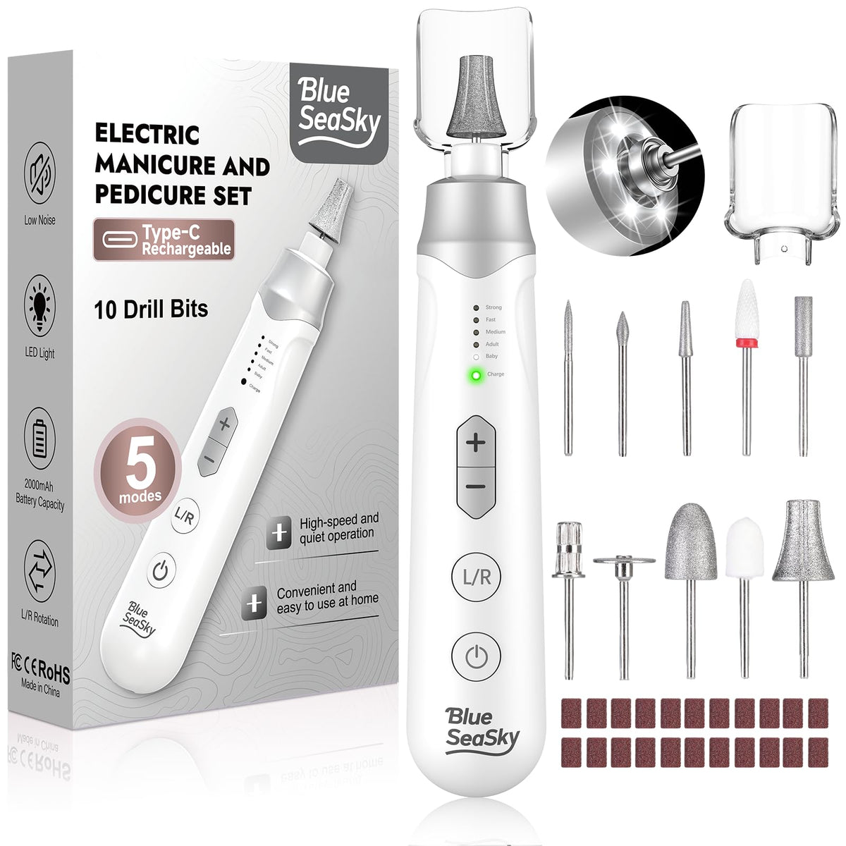 Blue Sea Sky nail drill with LED light for precise filing and shaping.