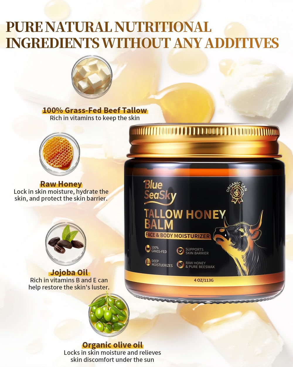 Blue Sea Sky raw honey tallow moisturizes and comforts sensitive skin.