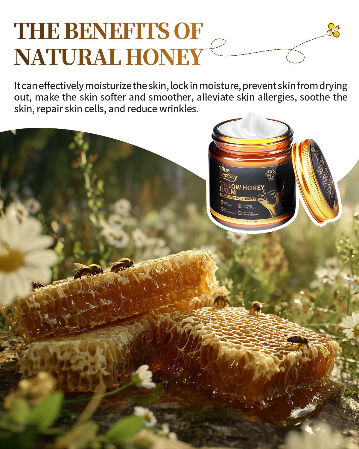 Blue Sea Sky soft skin results from a nourishing beef tallow formula.