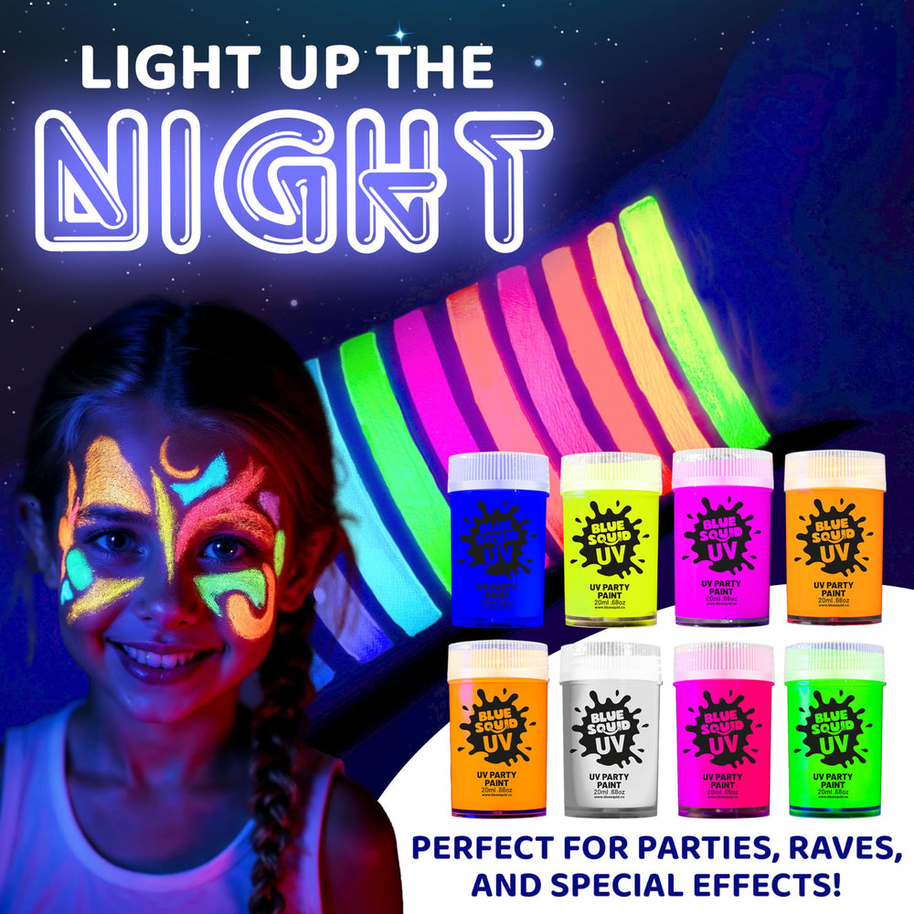 Blue Squid glow-in-the-dark paint dries to a durable finish under UV light.