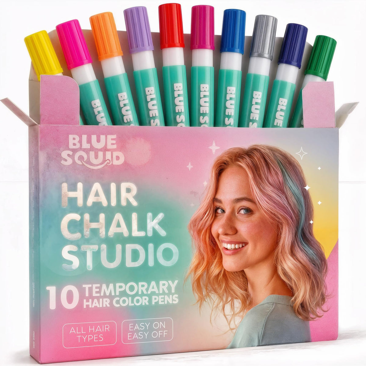 Blue Squid Hair Chalk Pens glitter colors sparkle in kids' hair for parties