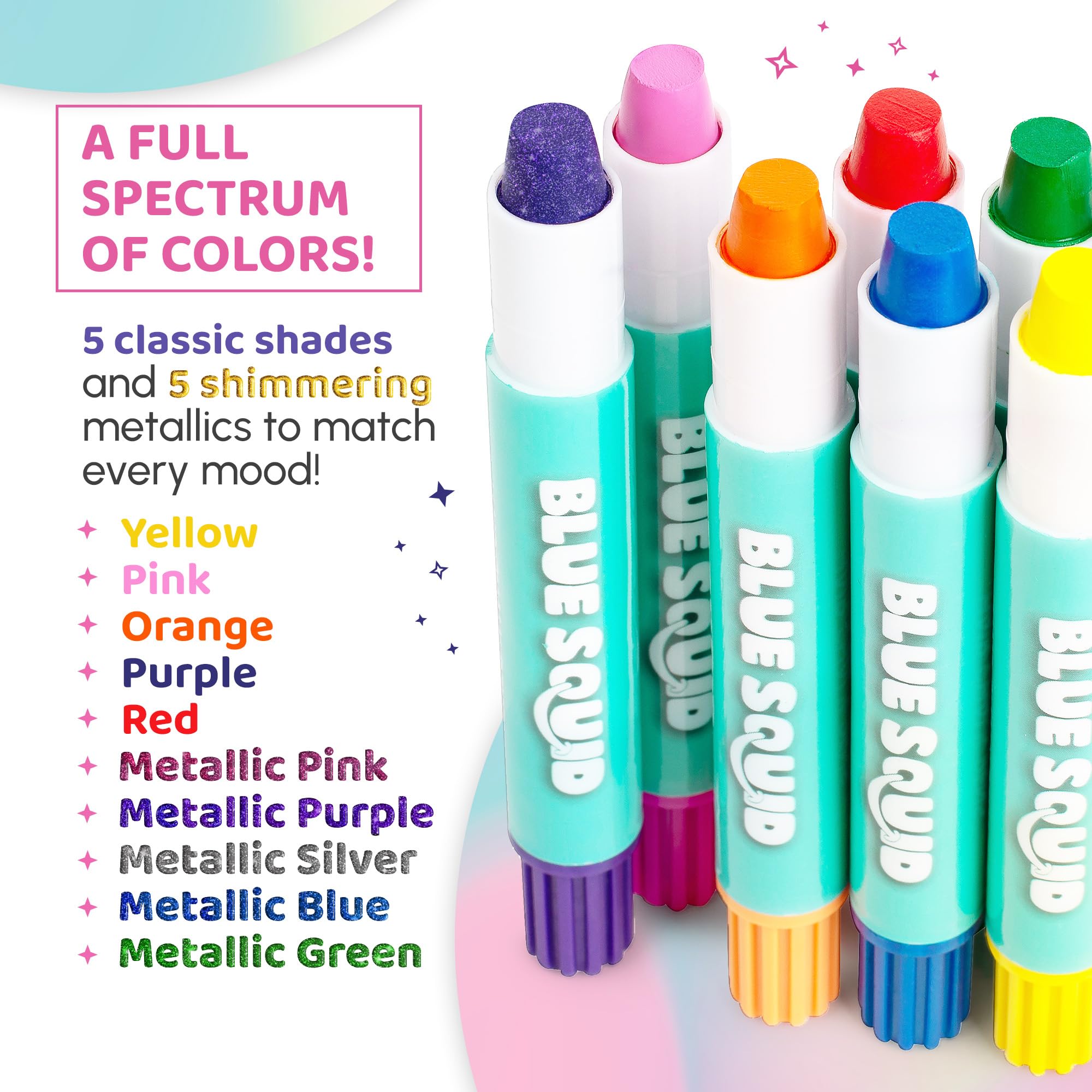 Twistable Blue Squid pens deliver quick color with minimal mess