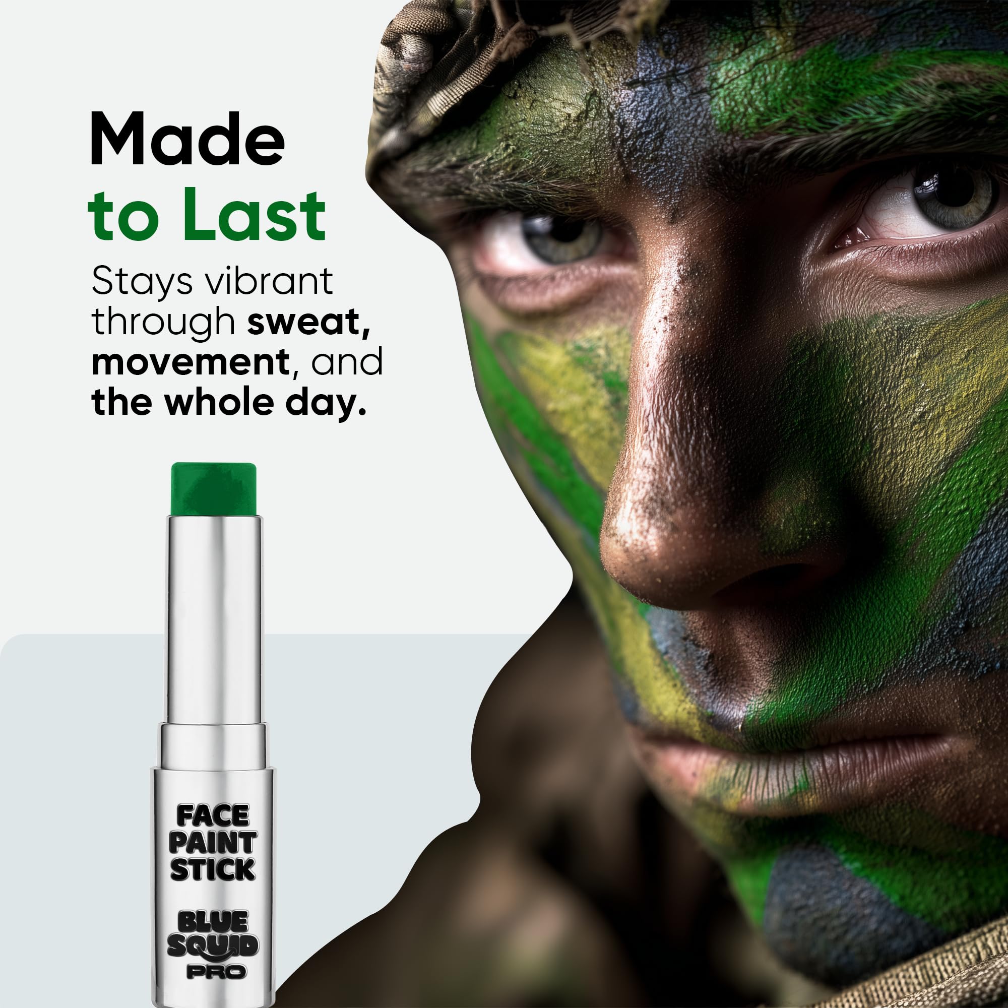 Blue Squid Pro easy removal of forest green face paint with soap or remover.