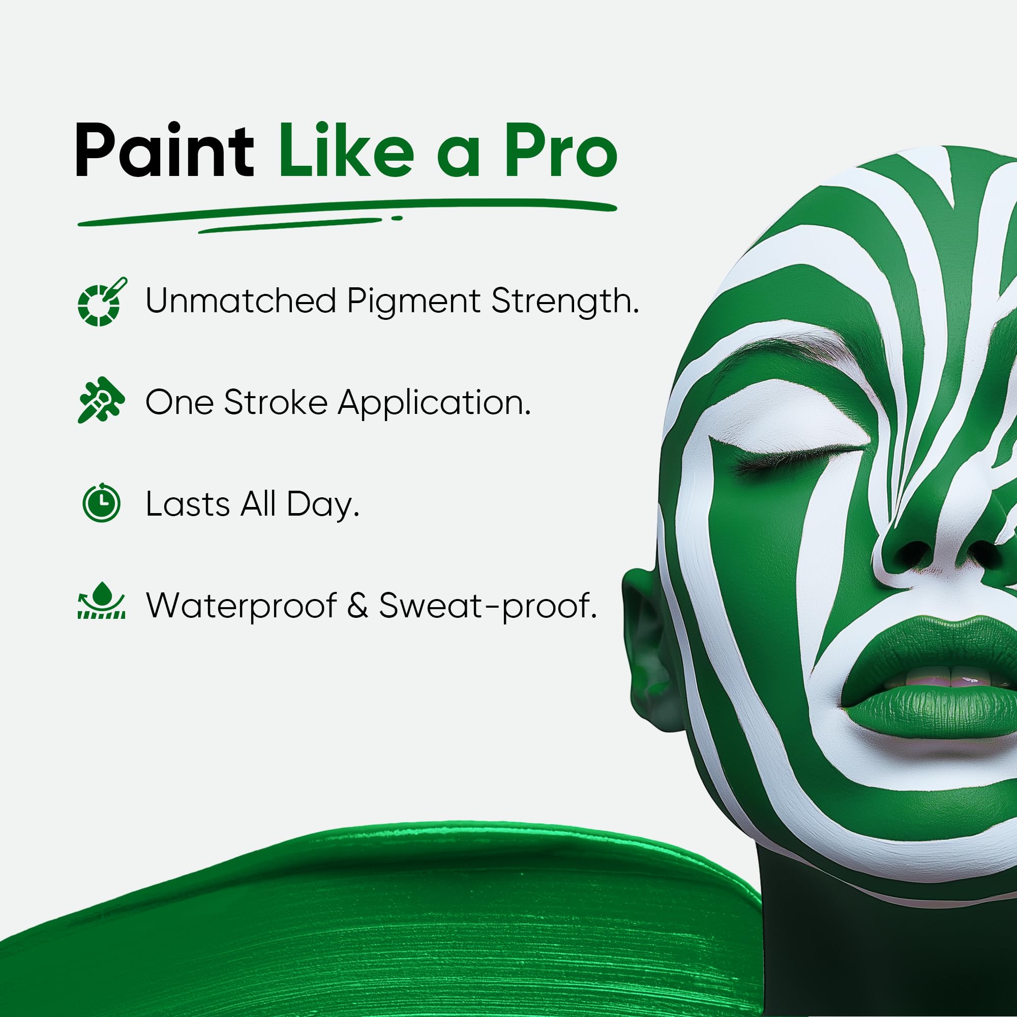 Blue Squid Pro waterproof forest green face paint stick stays put through sweat.