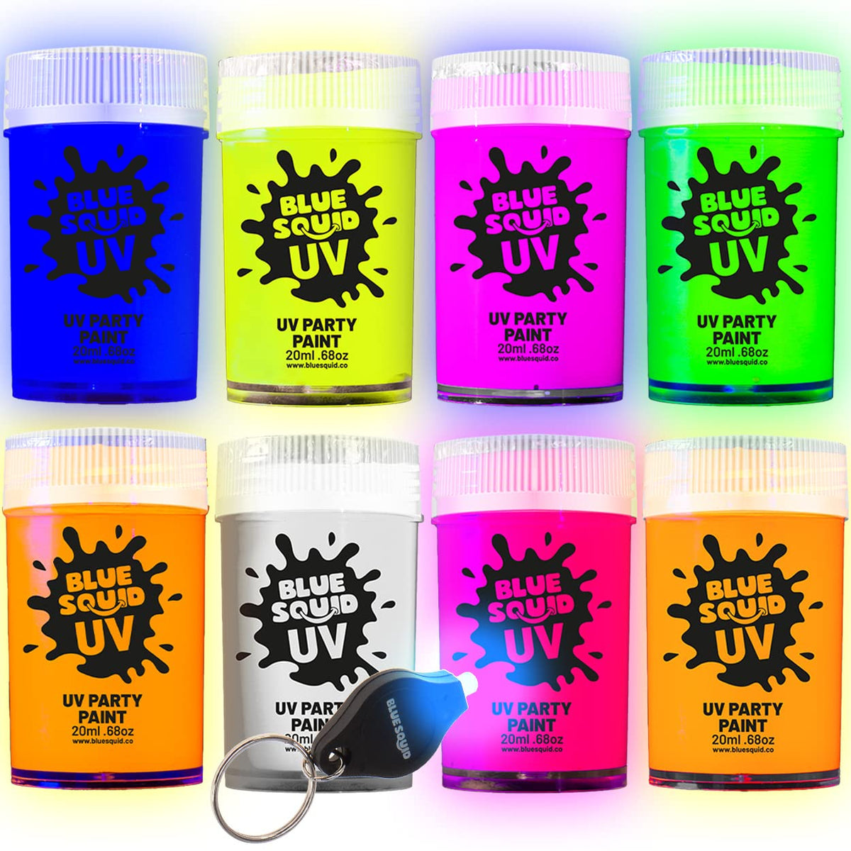 Blue Squid UV Body Paint in neon colors for vibrant glow party designs under black light.